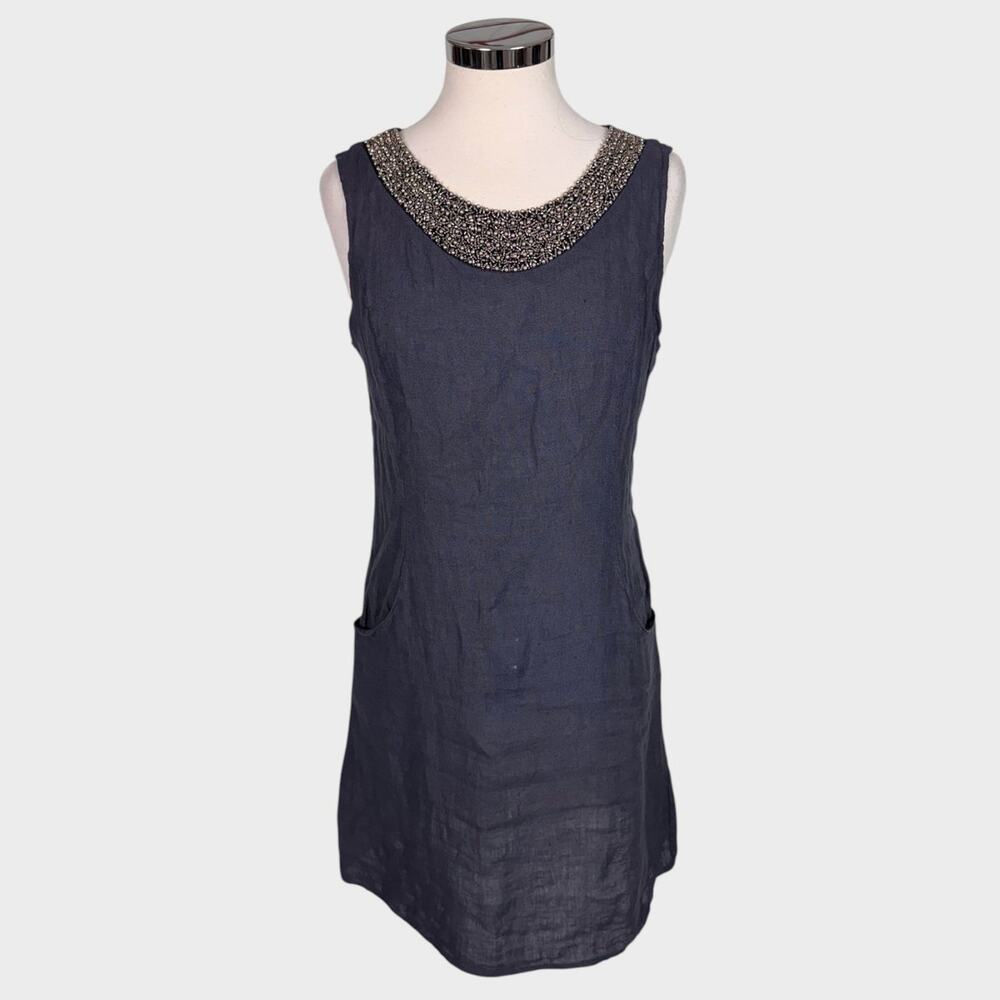 Lina Tomei Made in Italy Medium Navy Blue Dress Sleeveless 100% Linen Pockets